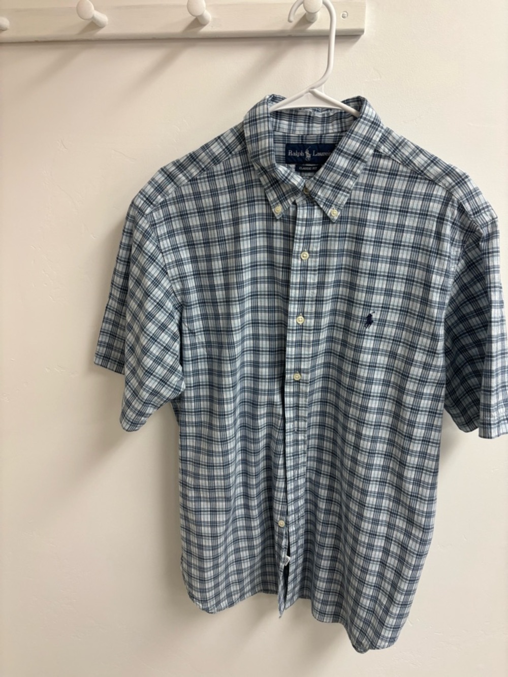 RALPH LAUREN SHIRT MEN SIZE XL NAVY BLUE & WHITE PLAID SHORT SLEEVES